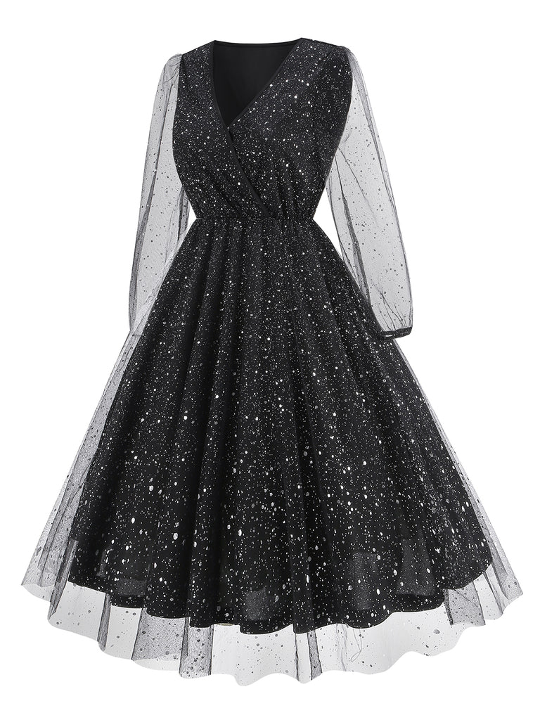 Black 1950s Mesh Sequined V-Neck dress