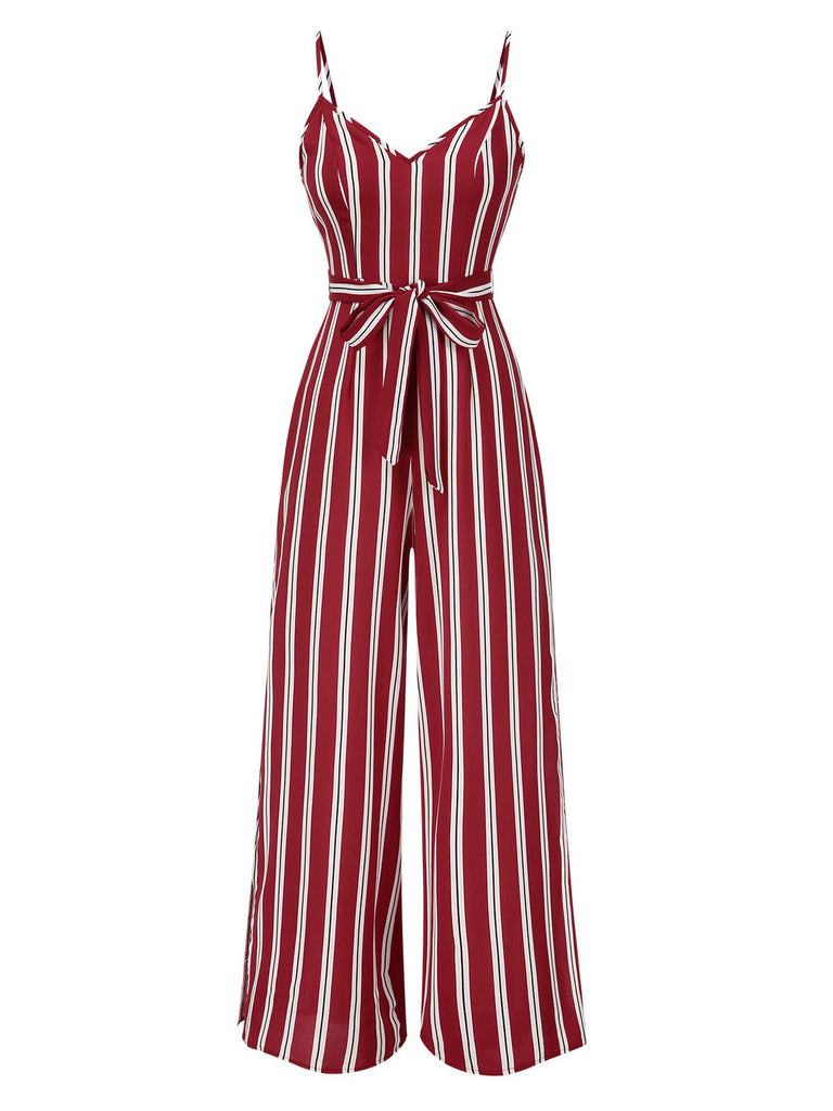 Red 1970s Stripes Spaghetti Strap Jumpsuit