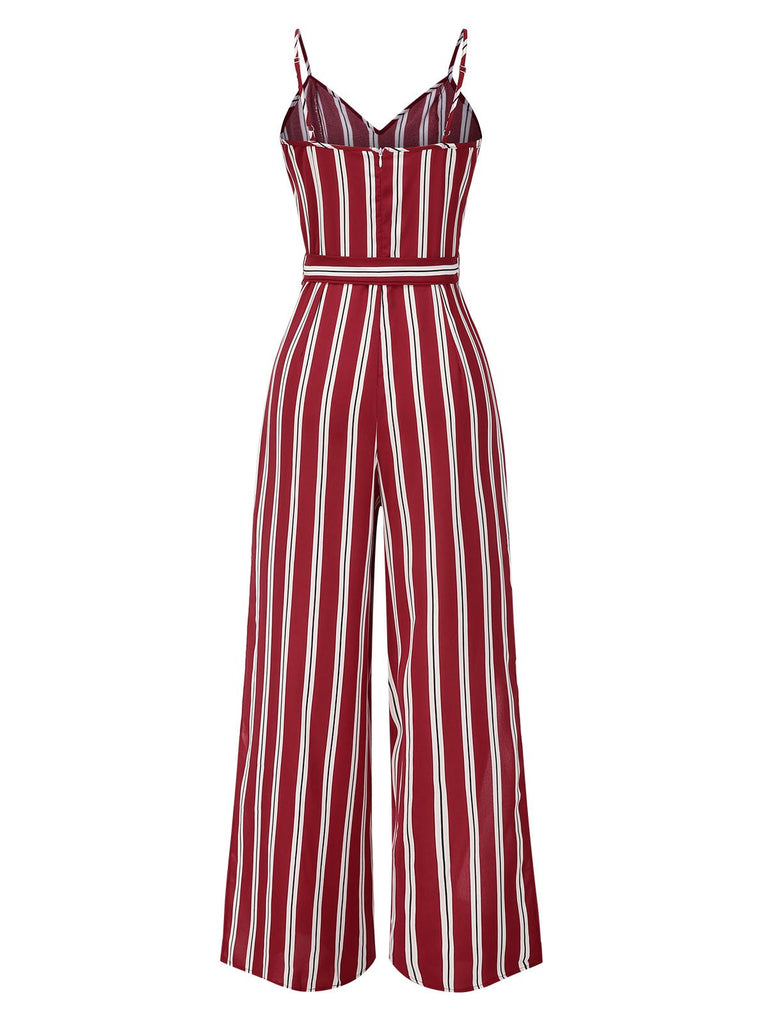 Red 1970s Stripes Spaghetti Strap Jumpsuit