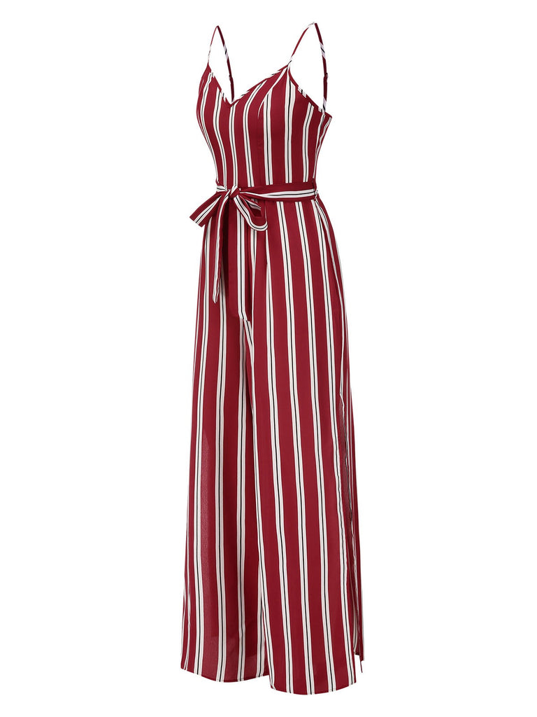 Red 1970s Stripes Spaghetti Strap Jumpsuit