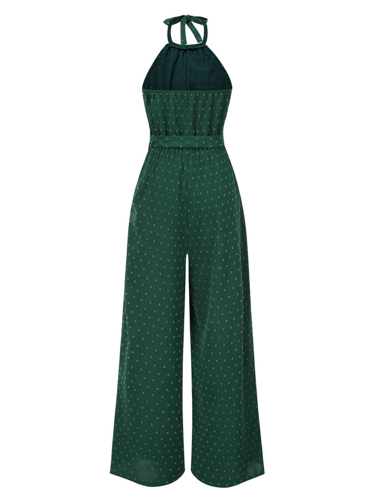 Green 1970s Crew Halter Polka Dots Jumpsuit