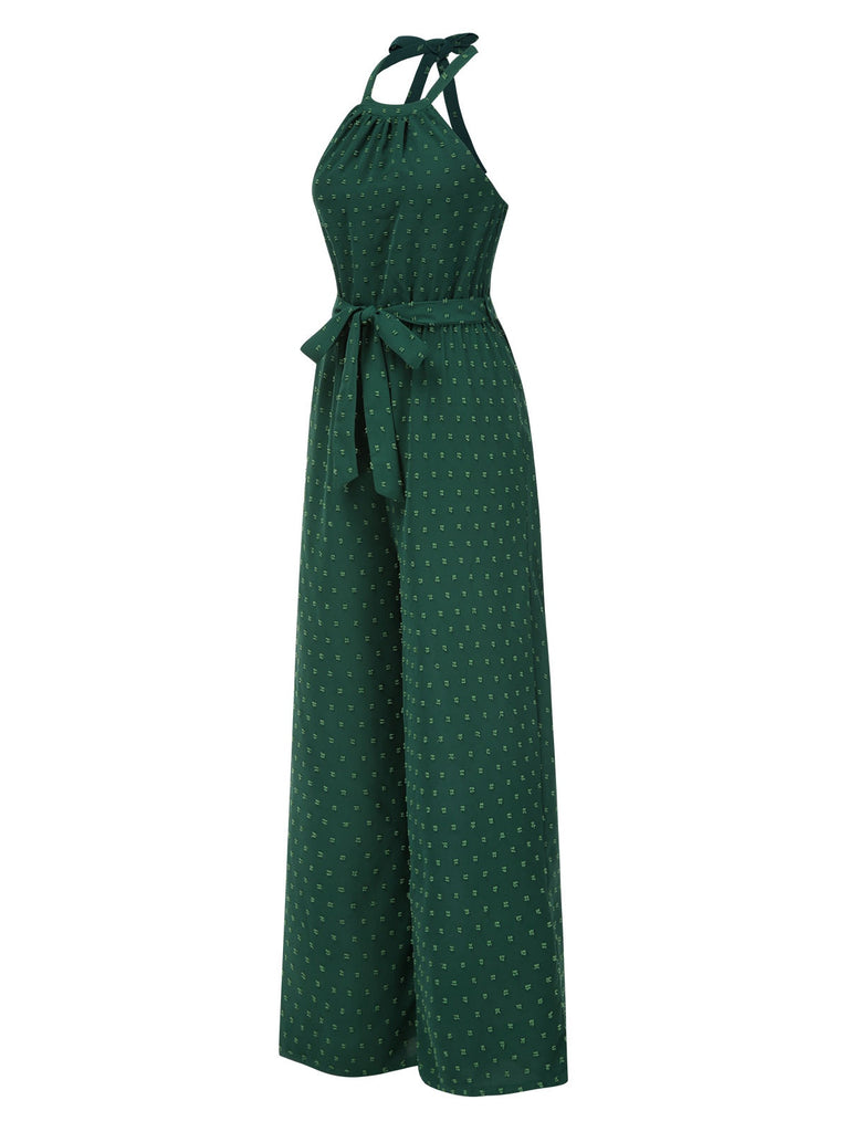 Green 1970s Crew Halter Polka Dots Jumpsuit