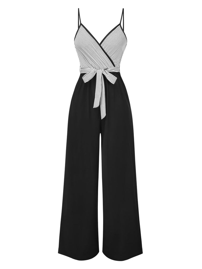 Black 1950s Striped Spaghetti Straps Wrap Jumpsuit