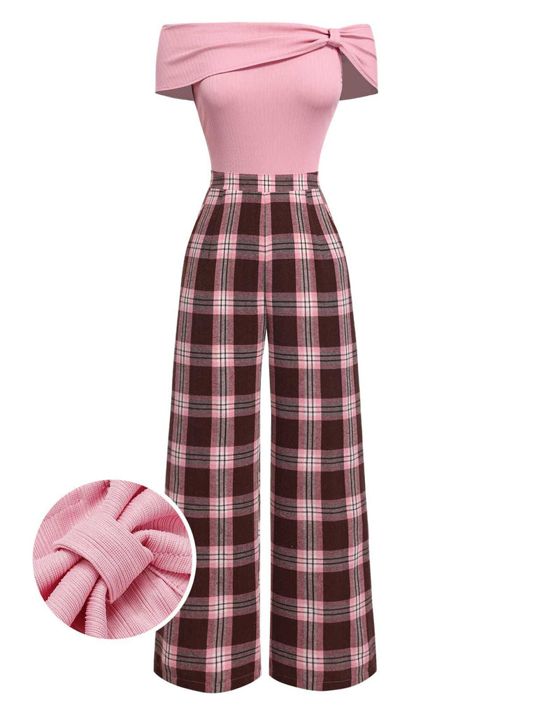 Pink 1930s Off-Shoulder Plaids Jumpsuit