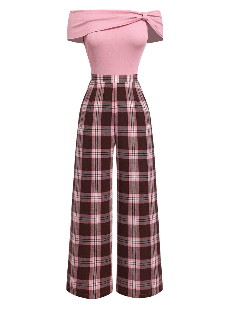 Pink 1930s Off-Shoulder Plaids Jumpsuit