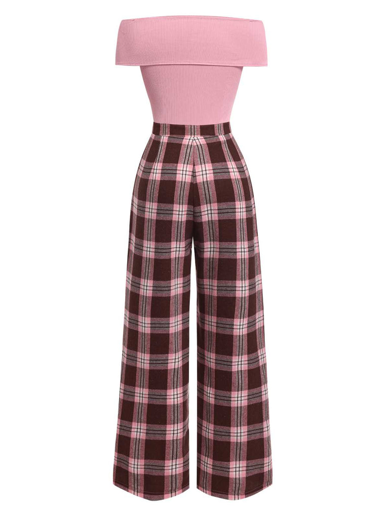 Pink 1930s Off-Shoulder Plaids Jumpsuit