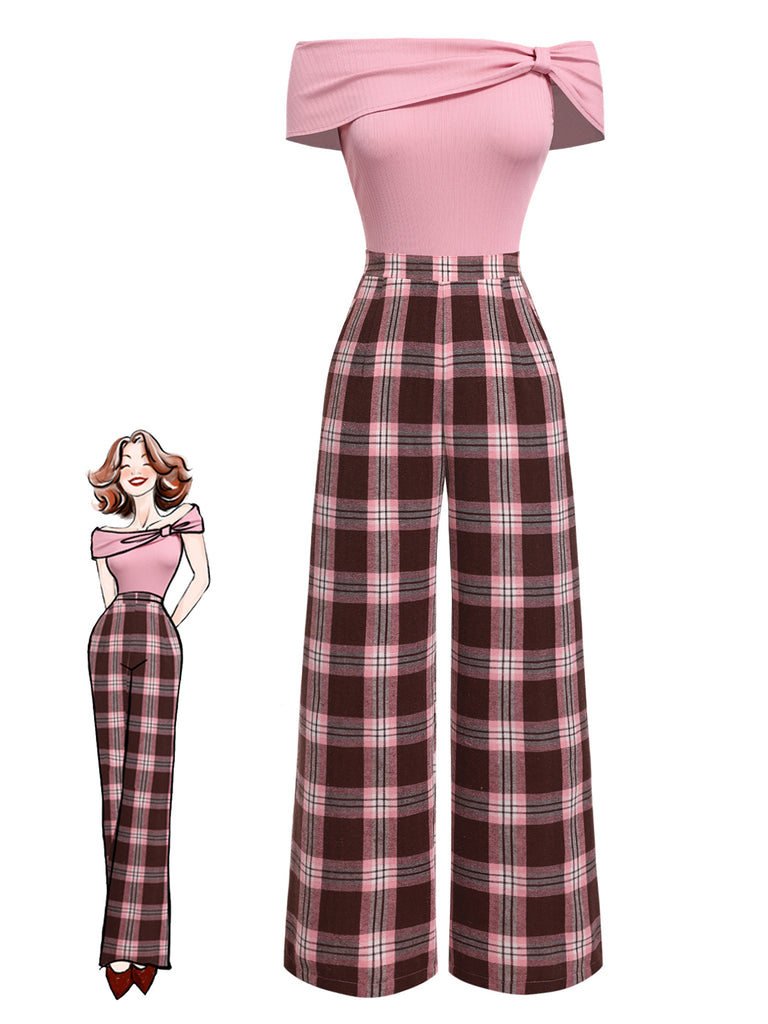 Pink 1930s Off-Shoulder Plaids Jumpsuit