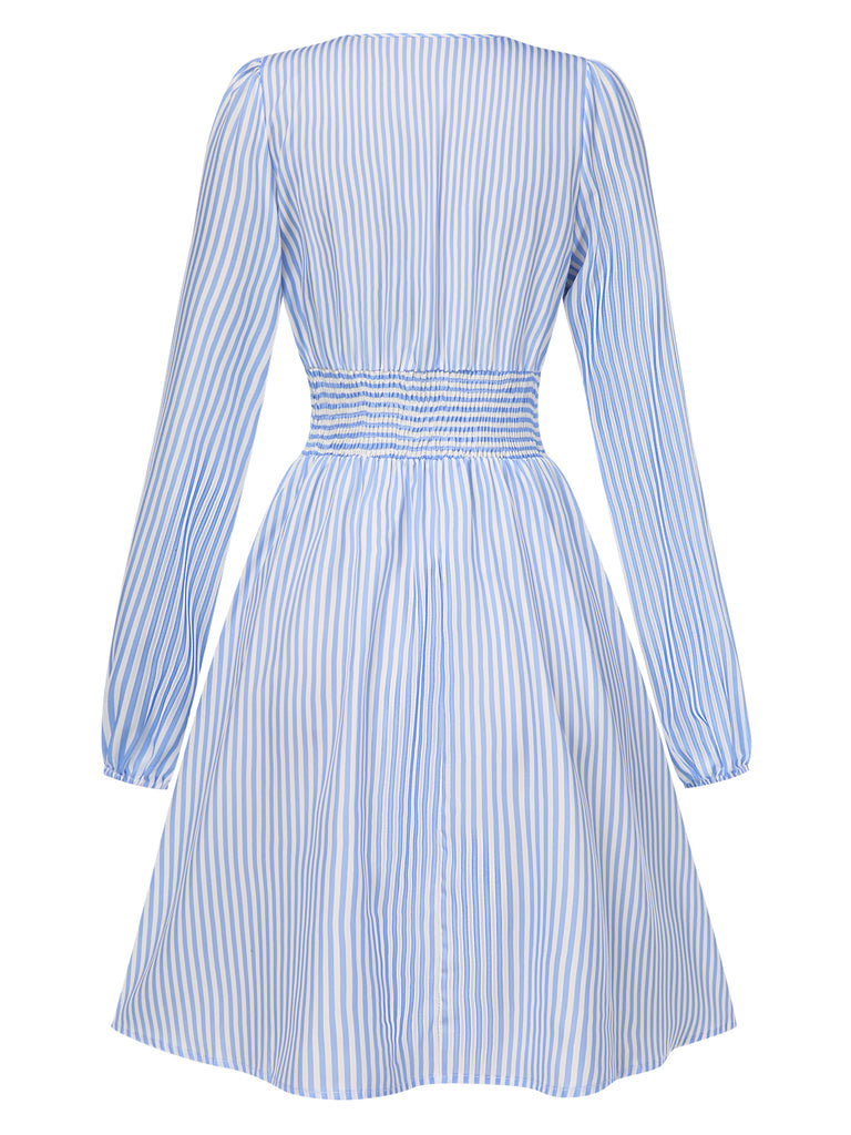 Blue 1940s V-Neck Stripes Long Sleeve Dress