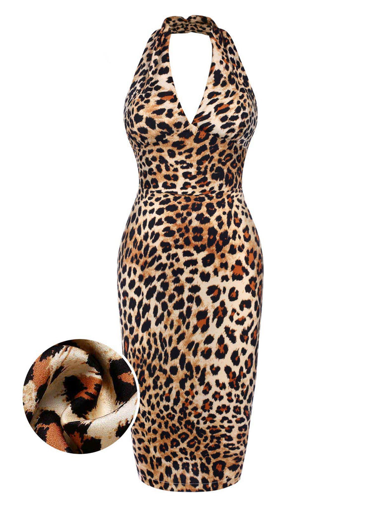 [Pre-Sale] Brown 1960s Halter V-Neck Leopard Dress