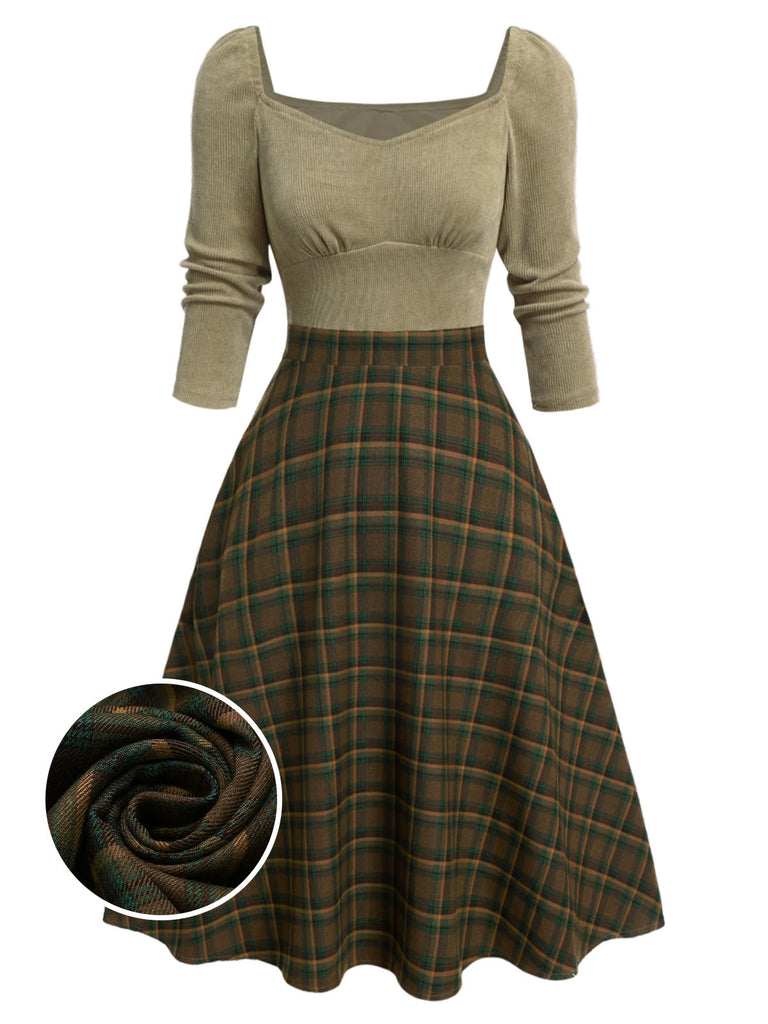 Beige 1950s Brown Plaid Square Neck Dress