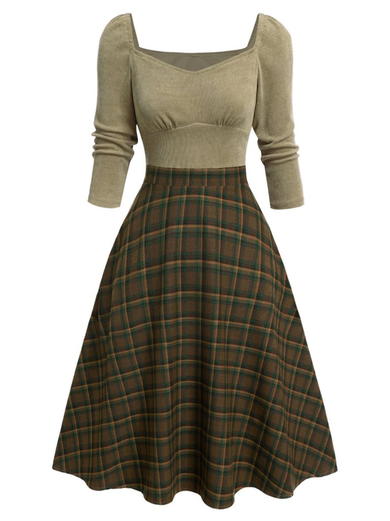 Beige 1950s Brown Plaid Square Neck Dress