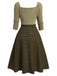 Beige 1950s Brown Plaid Square Neck Dress