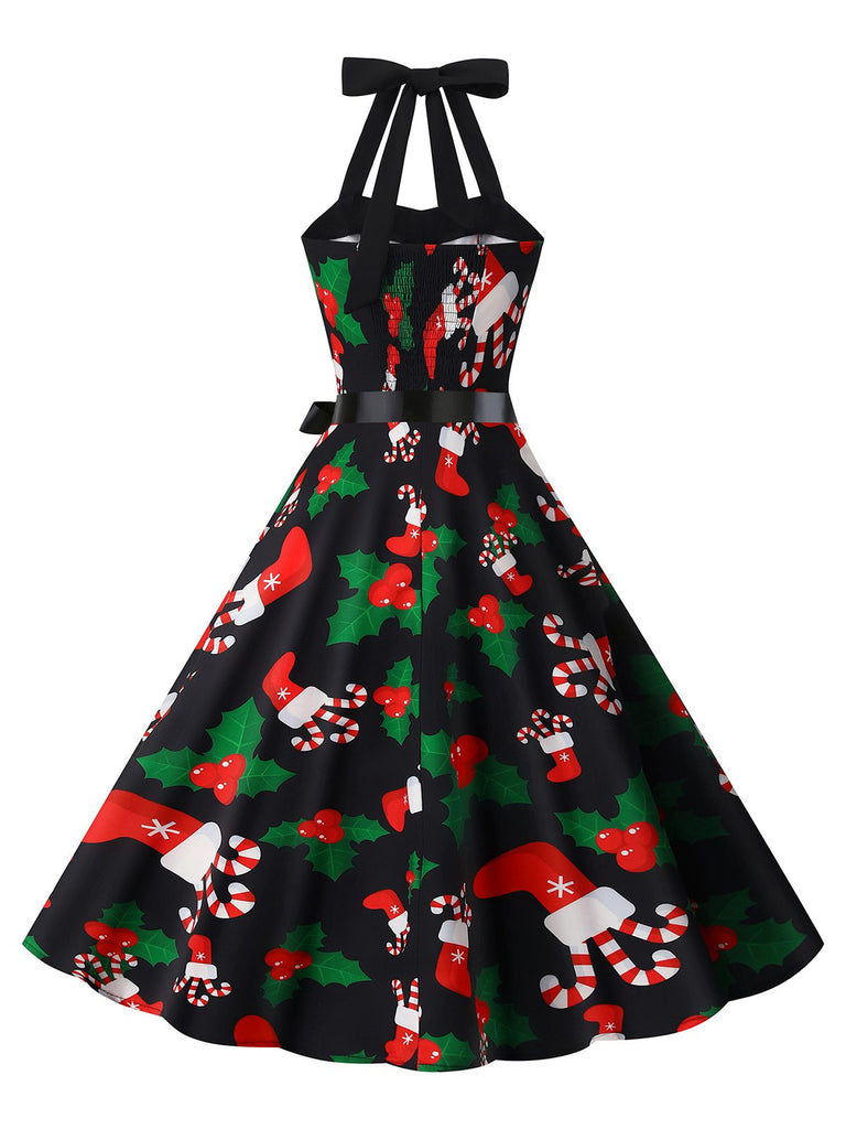 1950s Christmas Halter Belted Swing Dress