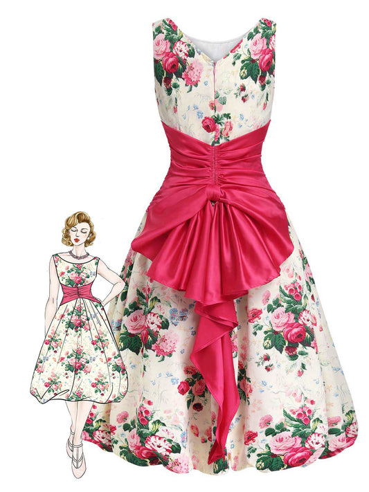 Multicolor 1950s Back Bow Antique Floral Dress