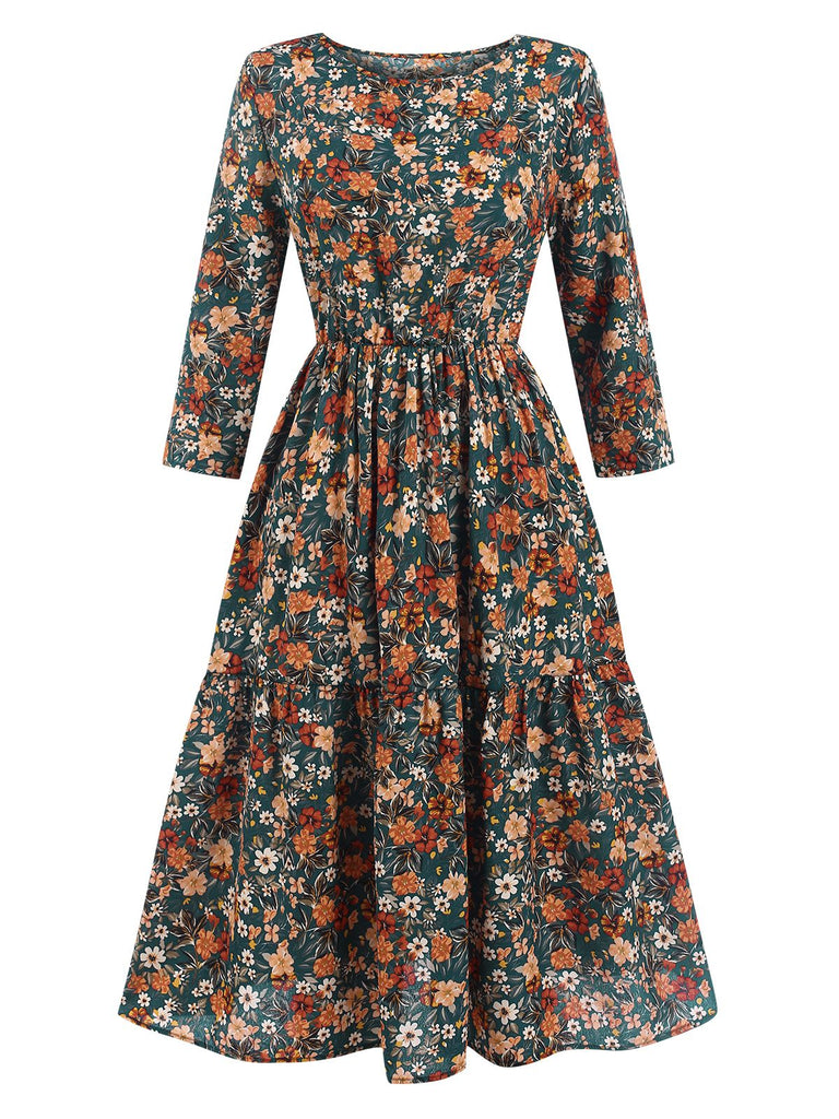 1940s Ditsy Floral Round Neck Tiered Dress