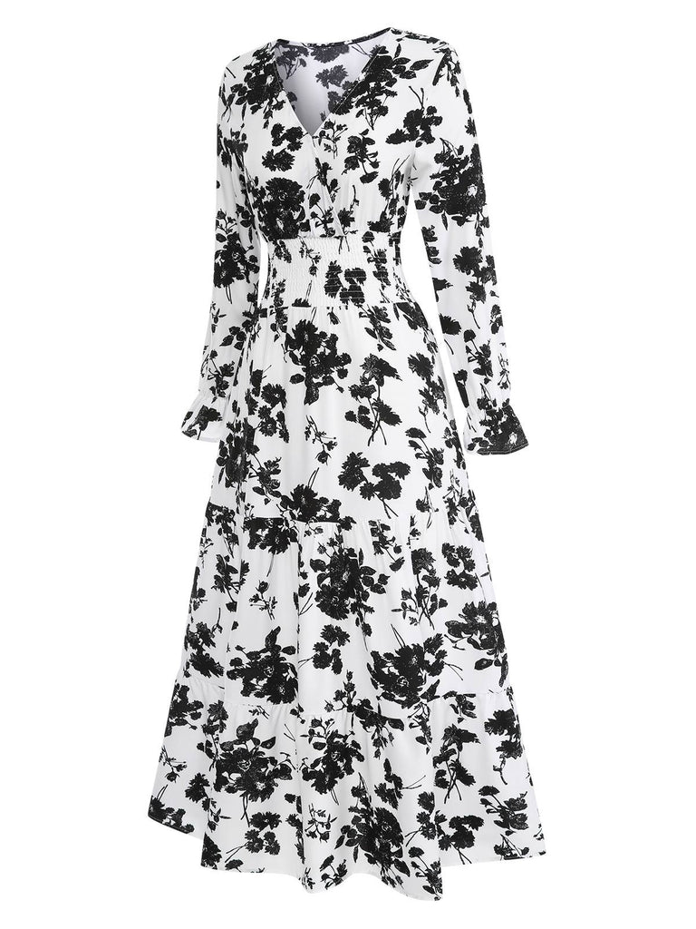 1930s Flower Silhouette V-Neck Maxi Dress