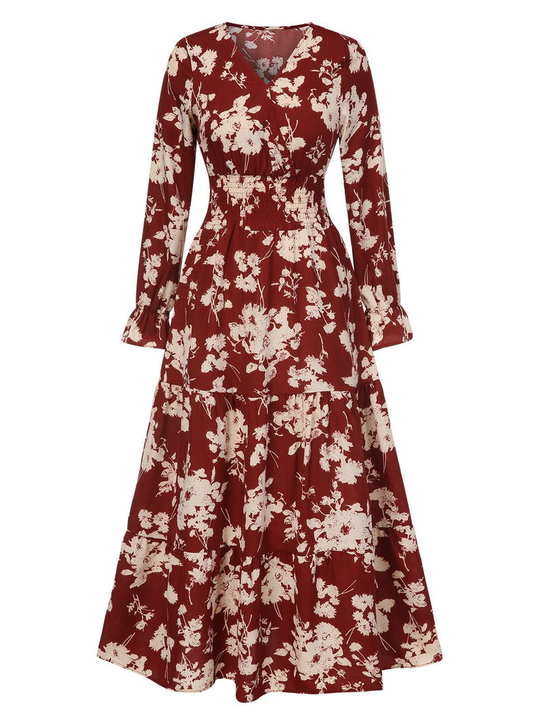 1930s Flower Silhouette V-Neck Maxi Dress