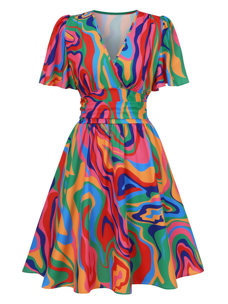 1970s Psychedelic Print V-Neck Dress