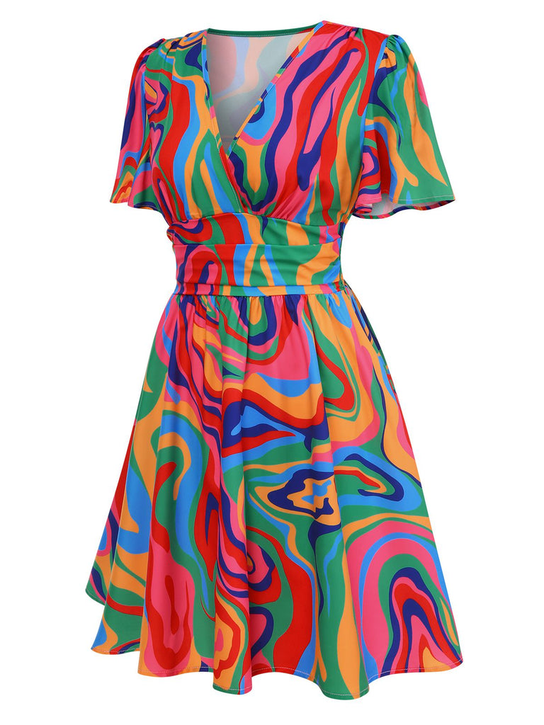 1970s Psychedelic Print V-Neck Dress