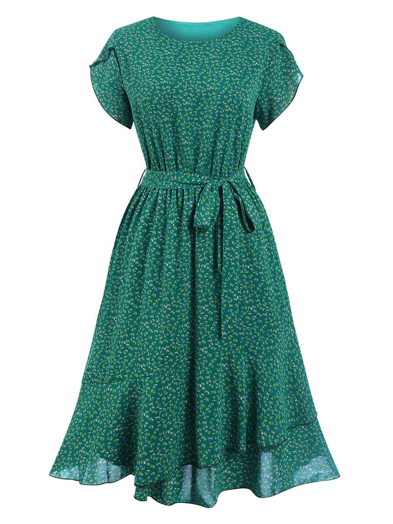 1940s Ditsy Floral Ruffles Hem Belted Dress