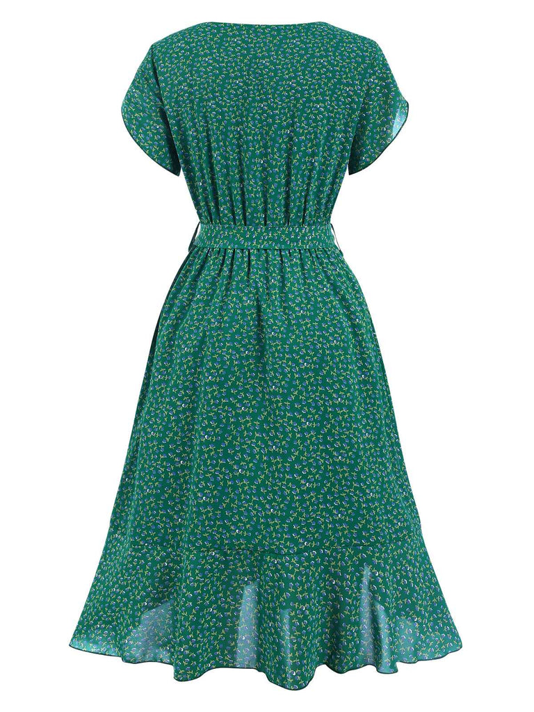 1940s Ditsy Floral Ruffles Hem Belted Dress