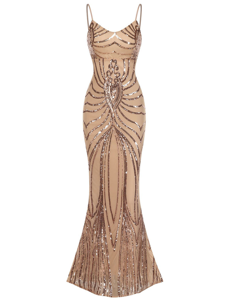 1930s Lace-Up Backless Sequined Maxi Dress