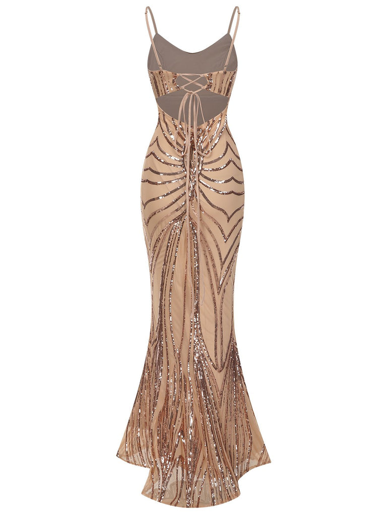 1930s Lace-Up Backless Sequined Maxi Dress