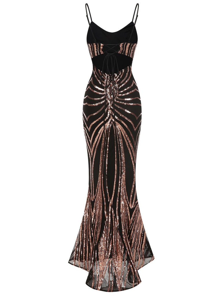 1930s Lace-Up Backless Sequined Maxi Dress