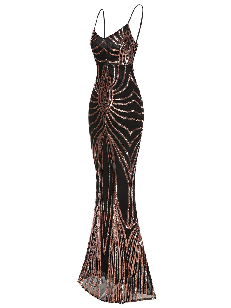 1930s Lace-Up Backless Sequined Maxi Dress