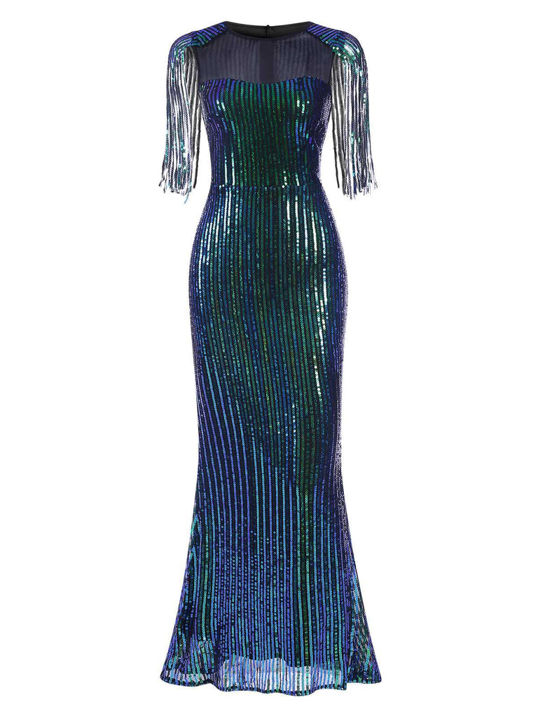 1930s Sequined Tassels Mesh Patchwork Dress