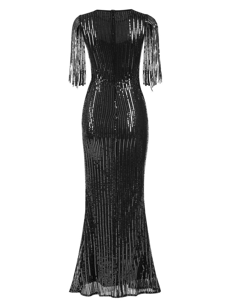 1930s Sequined Tassels Mesh Patchwork Dress