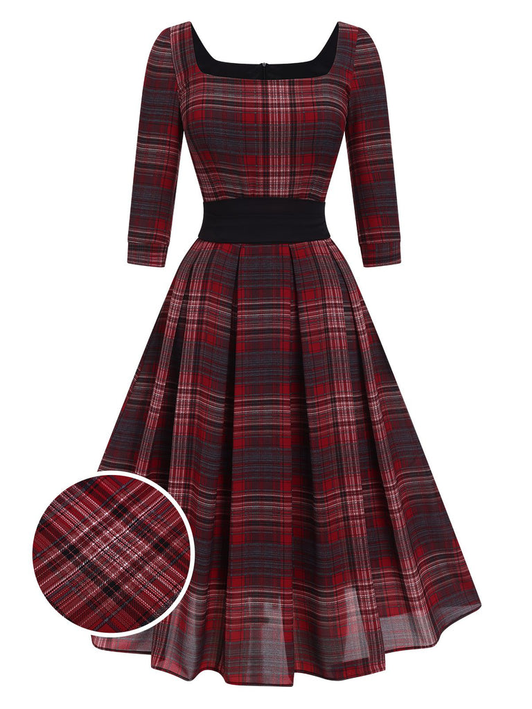 [Pre-Sale] Deep Red 1950s Square Neck Plaids Dress