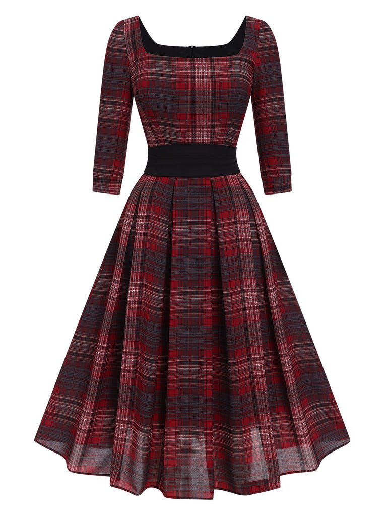 [Pre-Sale] Deep Red 1950s Square Neck Plaids Dress