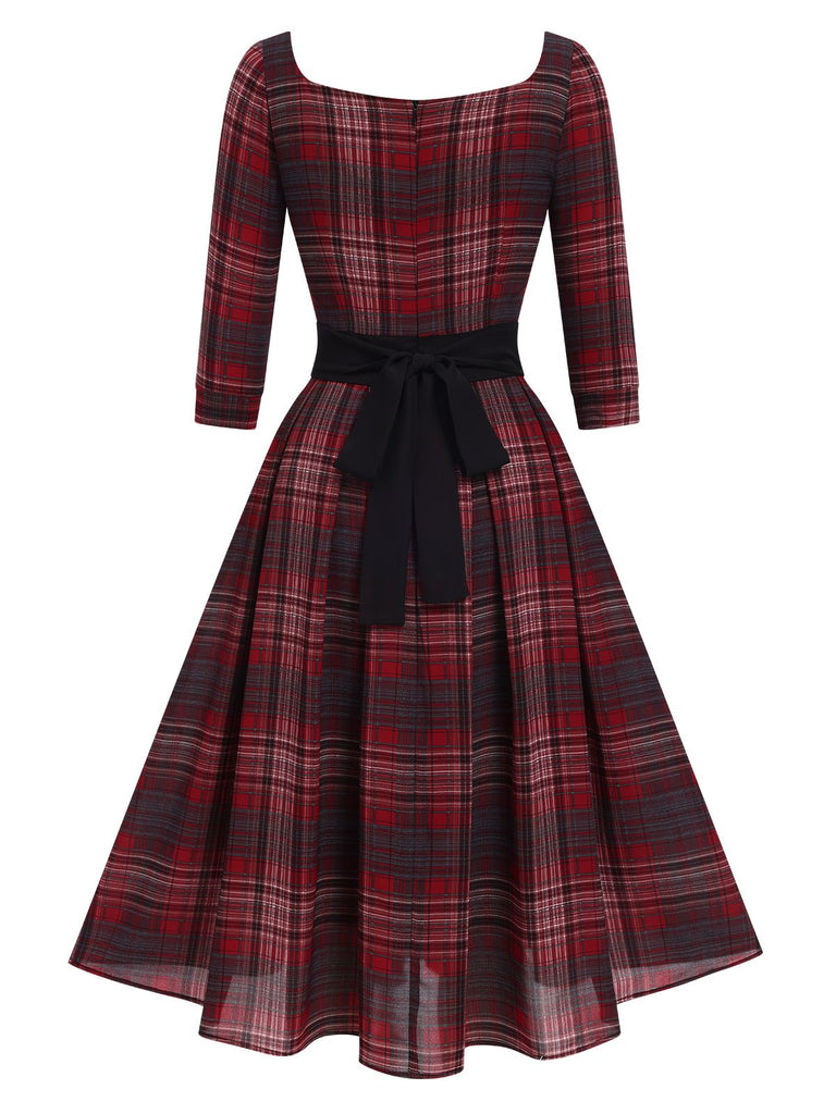 [Pre-Sale] Deep Red 1950s Square Neck Plaids Dress