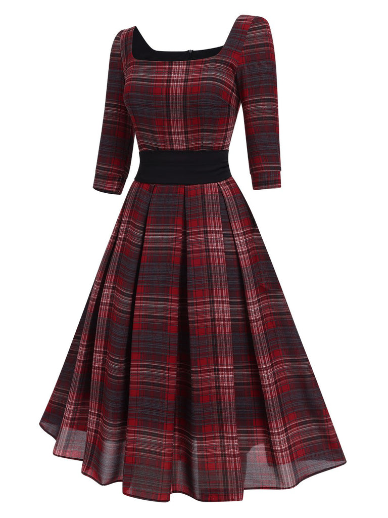 [Pre-Sale] Deep Red 1950s Square Neck Plaids Dress