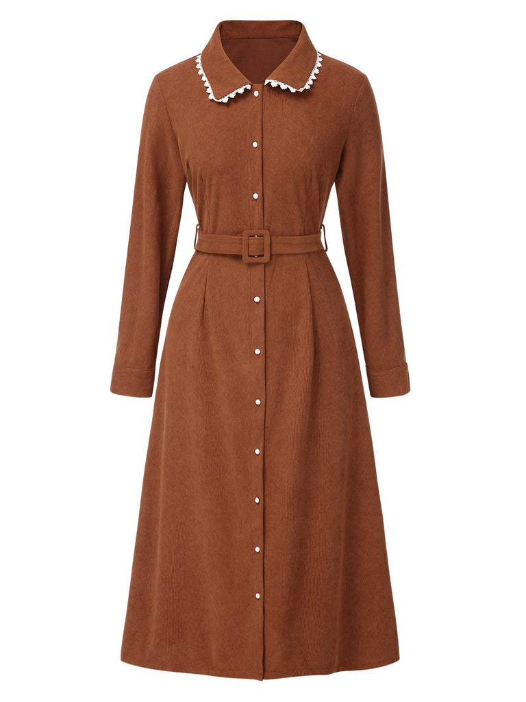 Brown 1940s Solid Lapel Belted Corduroy Dress