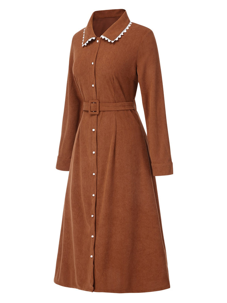 Brown 1940s Solid Lapel Belted Corduroy Dress