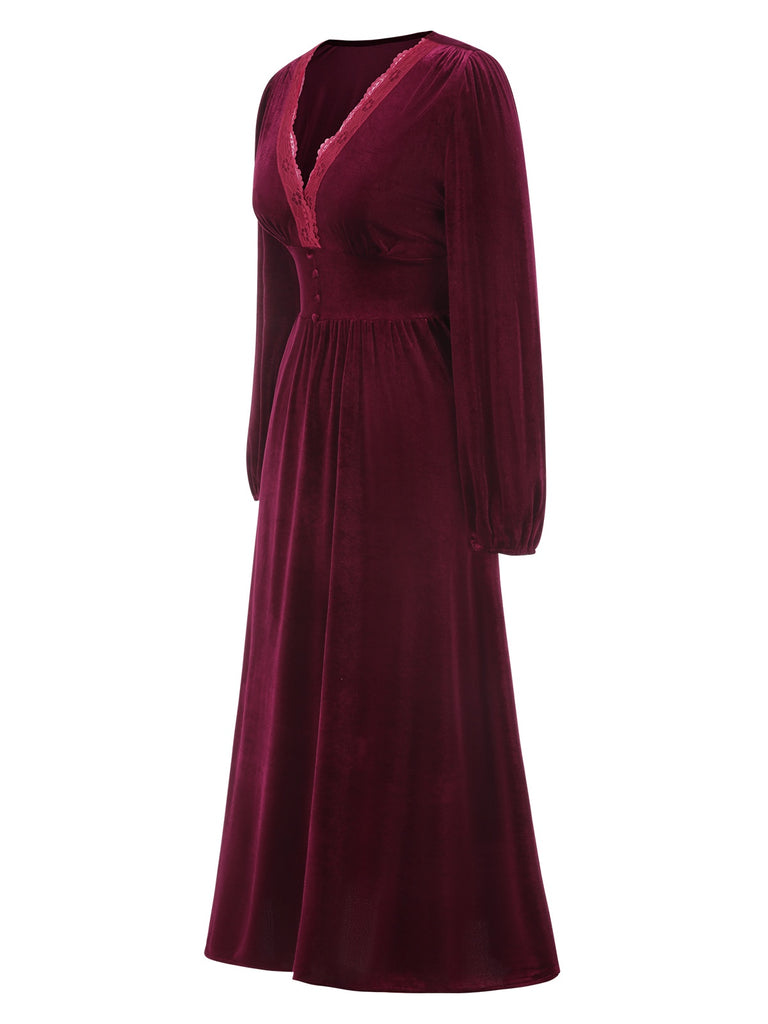 Wine Red 1940s Lace Trim Velvet Dress