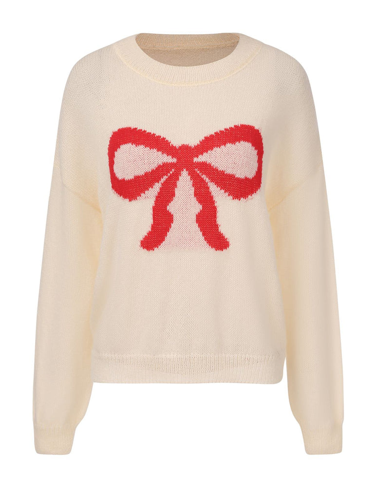 Beige 1970s Christmas Bow Pattern Sweater