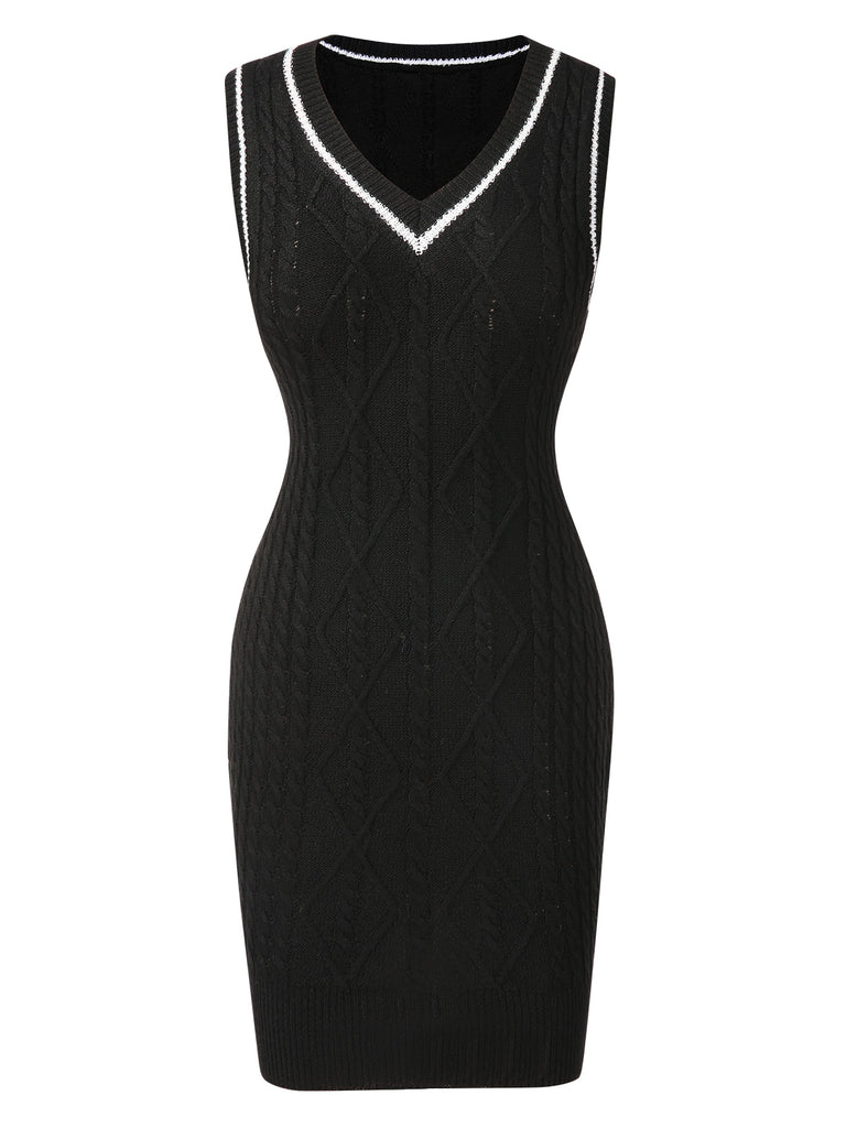 Black 1960s V-Neck Knitted Sleeveless Dress