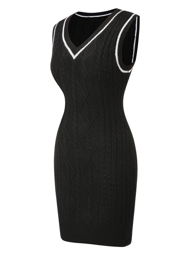 Black 1960s V-Neck Knitted Sleeveless Dress