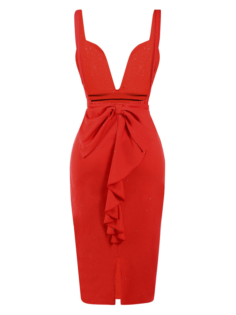 Red 1960s Ruffled Open Back Suspender Dress