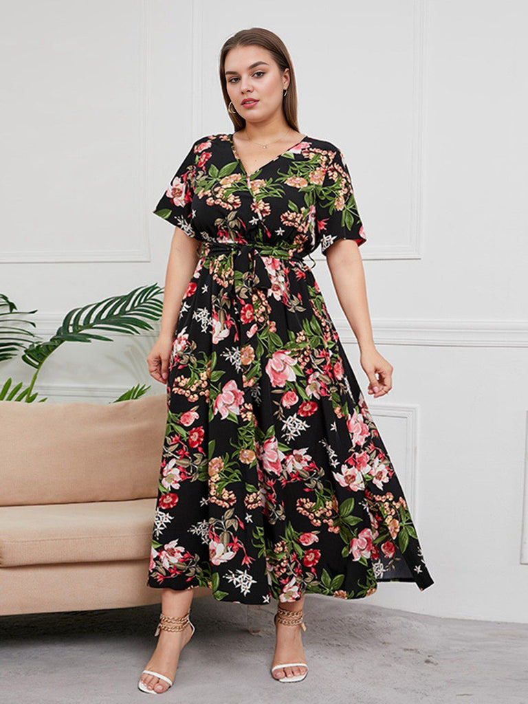 [Plus Size] 1940s Surplice V-Neck Belted Floral Dress