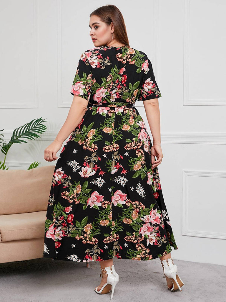 [Plus Size] 1940s Surplice V-Neck Belted Floral Dress