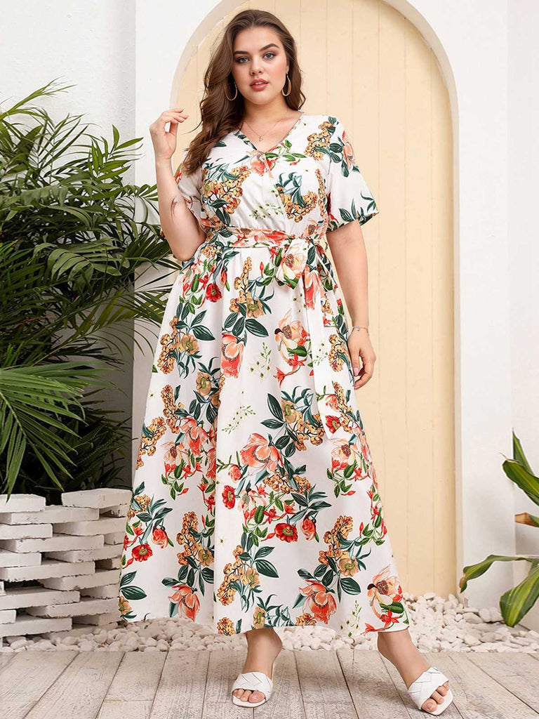 [Plus Size] 1940s Surplice V-Neck Belted Floral Dress