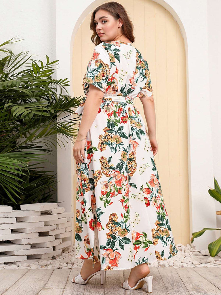 [Plus Size] 1940s Surplice V-Neck Belted Floral Dress