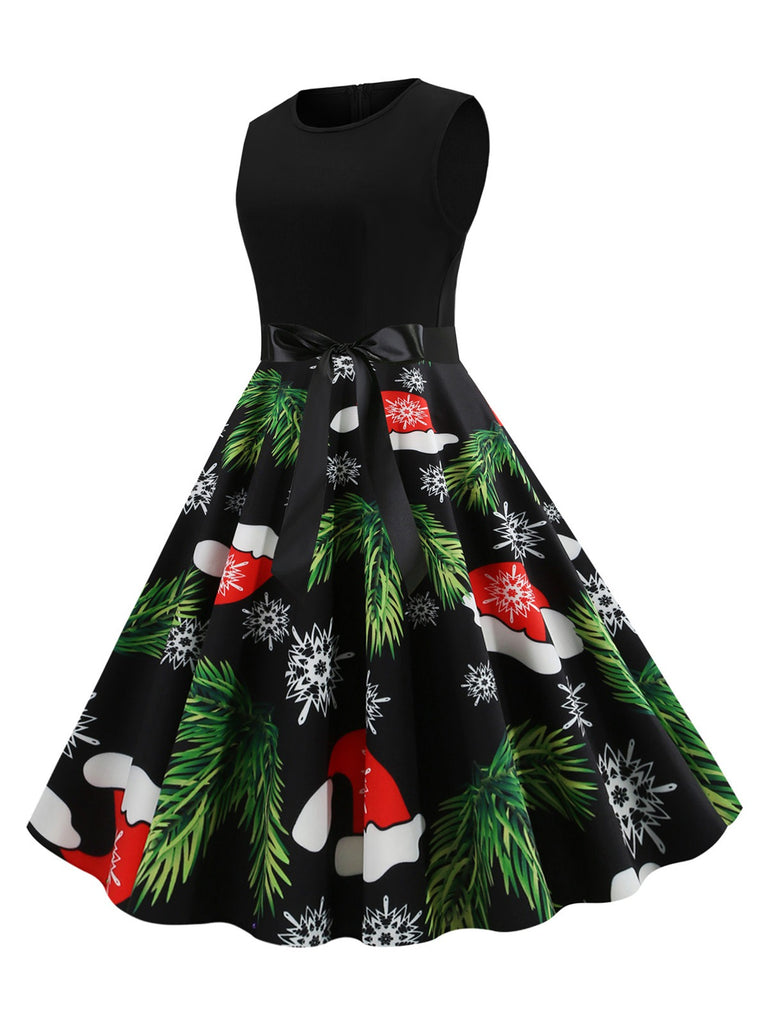 1950s Christmas Print Swing Dress With Ribbon