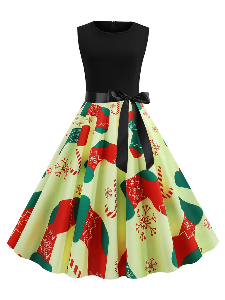 1950s Christmas Print Swing Dress With Ribbon