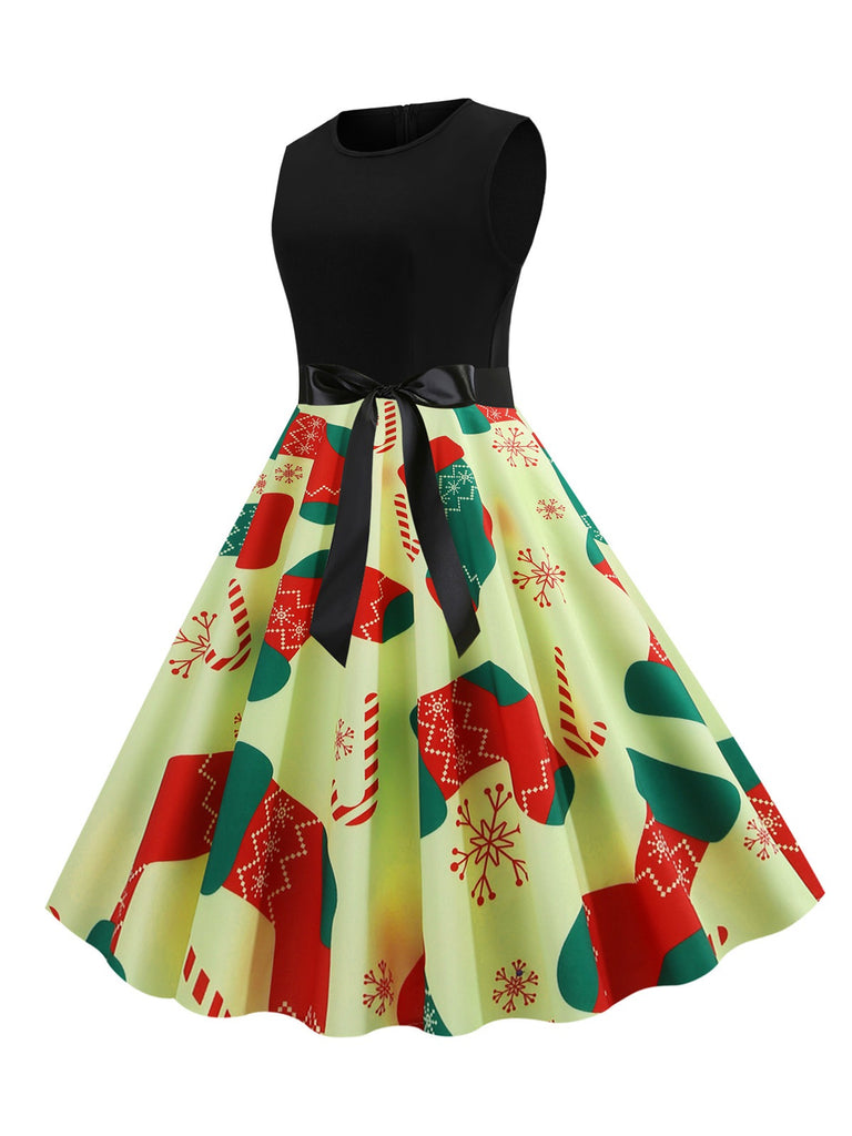 1950s Christmas Print Swing Dress With Ribbon