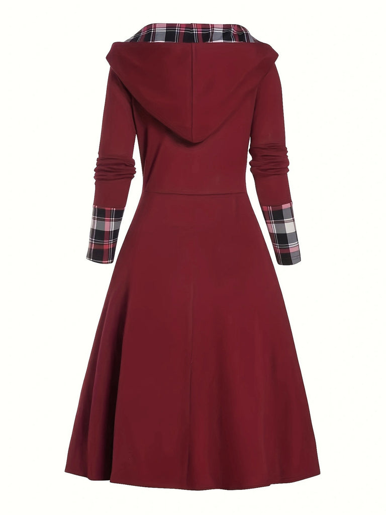 Wine Red 1950s Plaid Patchwork Hooded Dress